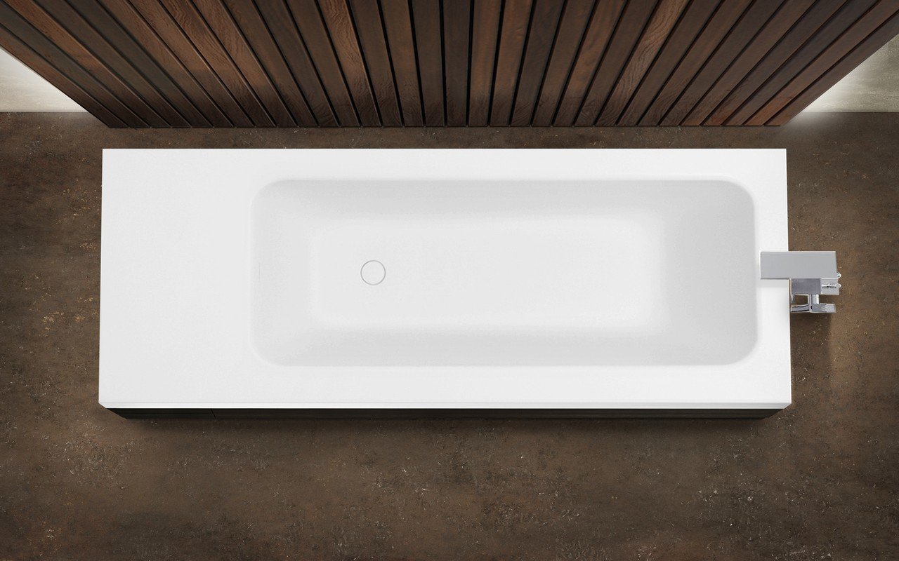 Pure 2D Back To Wall Solid Surface Bathtub with Dark Decorative Wooden